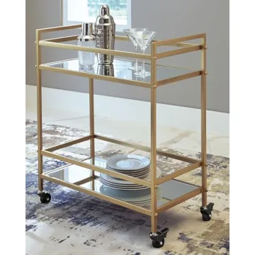 Elegant Gold-Tone Metal Bar Cart with Mirrored Shelves