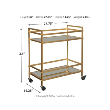 Elegant Gold-Tone Metal Bar Cart with Mirrored Shelves
