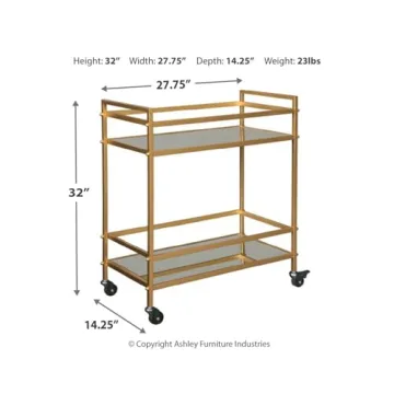 Elegant Gold-Tone Metal Bar Cart with Mirrored Shelves