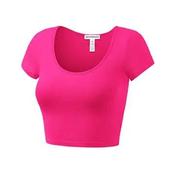 Women's Cotton Basic Scoop Neck Crop Tops Short Sleeve Tops HOTPINK S