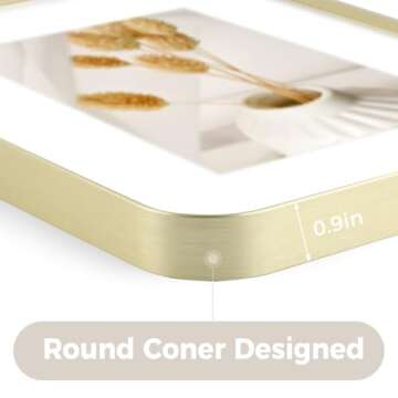 11x14 Aluminum Picture Frame Gold - With Round Corners - With Mat for 8x10 Photo or Without Mat for ...
