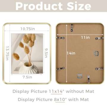 11x14 Aluminum Picture Frame Gold - With Round Corners - With Mat for 8x10 Photo or Without Mat for 11 x 14 Photo - Real Glass - Matte Design - Home Decor for Wall Display
