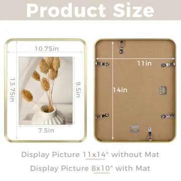 11x14 Aluminum Picture Frame Gold - With Round Corners - With Mat for 8x10 Photo or Without Mat for 11 x 14 Photo - Real Glass - Matte Design - Home Decor for Wall Display