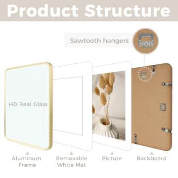 11x14 Aluminum Picture Frame Gold - With Round Corners - With Mat for 8x10 Photo or Without Mat for 11 x 14 Photo - Real Glass - Matte Design - Home Decor for Wall Display