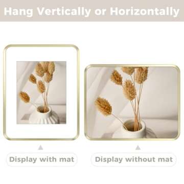 11x14 Aluminum Picture Frame Gold - With Round Corners - With Mat for 8x10 Photo or Without Mat for 11 x 14 Photo - Real Glass - Matte Design - Home Decor for Wall Display