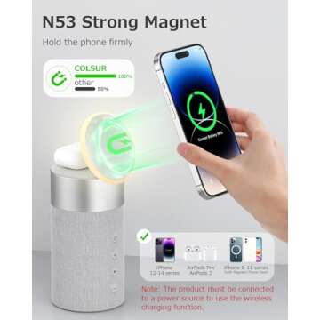 COLSUR Bluetooth Speaker with Night Light - 3 in 1 Mag-Safe Wireless Charger for iPhone 16/15/14/13/12 Series, AirPods Pro/3/2，Gifts for Men& Women