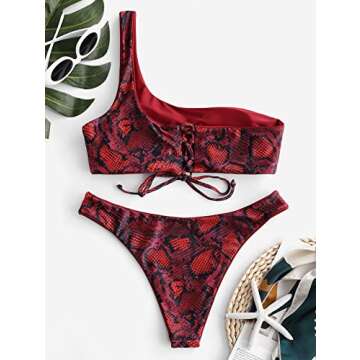 ZAFUL Bikini Snakeskin One Shoulder Reversible Bathing Suit Padded Lace Up 2 Piece Swimsuits for Women Lava Red M