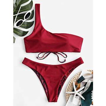 ZAFUL Bikini Snakeskin One Shoulder Reversible Bathing Suit Padded Lace Up 2 Piece Swimsuits for Women Lava Red M