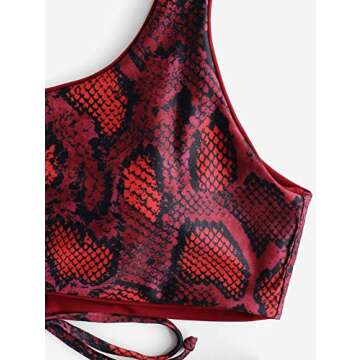 ZAFUL Bikini Snakeskin One Shoulder Reversible Bathing Suit Padded Lace Up 2 Piece Swimsuits for Women Lava Red M