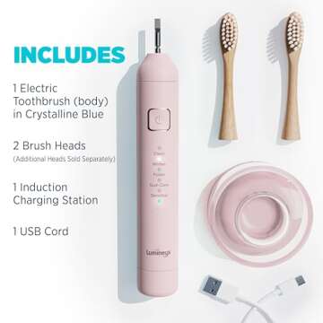 Lumineux Teeth Whitening Sonic Bamboo Electric Toothbrush for Adults - Includes 2 Soft Bristle Replaceable Bamboo Toothbrush Heads, Charging Station & USB Charge Cord - Rechargeable, Bloom Pink
