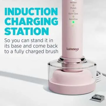 Lumineux Teeth Whitening Sonic Bamboo Electric Toothbrush for Adults - Includes 2 Soft Bristle Replaceable Bamboo Toothbrush Heads, Charging Station & USB Charge Cord - Rechargeable, Bloom Pink
