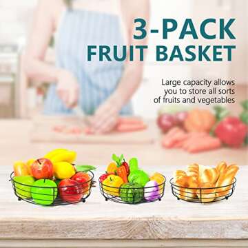 CADANI 3 Pack Black Wire Fruit Basket for Kitchen Storage