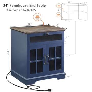 NONGSHIM Farmhouse End Table with Drawer, 24" Large Sofa Side Table with Charging Station, Barn Door...