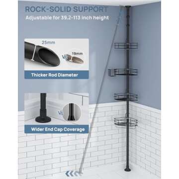SEIRIONE Corner Shower Caddy Tension Pole, Quick Setup, Rust-Free Bathroom Shower Organizer Corner for Bathtub Shampoo Storage, 4-Tier Adjustable Shelf, Drill Free, Fits 39 to 113 Inch Height, Black