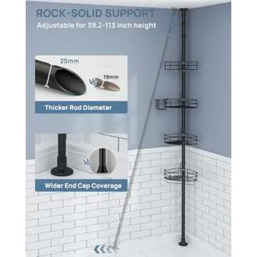 SEIRIONE Corner Shower Caddy Tension Pole, Quick Setup, Rust-Free Bathroom Shower Organizer Corner for Bathtub Shampoo Storage, 4-Tier Adjustable Shelf, Drill Free, Fits 39 to 113 Inch Height, Black