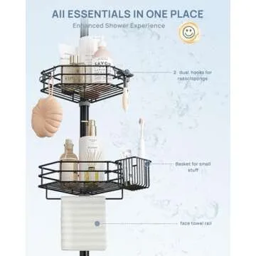 SEIRIONE Corner Shower Caddy Tension Pole, Quick Setup, Rust-Free Bathroom Shower Organizer Corner for Bathtub Shampoo Storage, 4-Tier Adjustable Shelf, Drill Free, Fits 39 to 113 Inch Height, Black