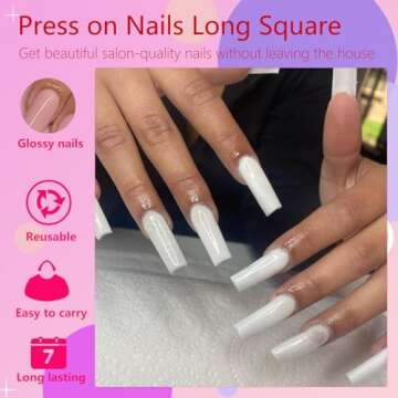 AddFavor White Square Press on Nails Long, 240pcs Long Square Fake Nails Press ons Glossy Full Cover Acrylic False Nails with Adhesive Glue Tabs for Women Girls