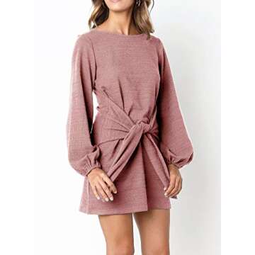 R.Vivimos Women's Autumn Winter Cotton Long Sleeves Elegant Knitted Bodycon Tie Waist Sweater Pencil Dress (Medium, Pink)