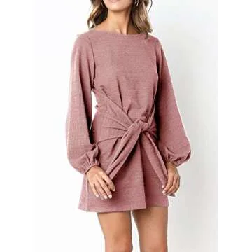 R.Vivimos Women's Autumn Winter Cotton Long Sleeves Elegant Knitted Bodycon Tie Waist Sweater Pencil Dress (Medium, Pink)