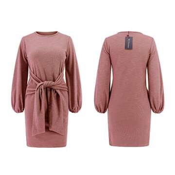 R.Vivimos Women's Autumn Winter Cotton Long Sleeves Elegant Knitted Bodycon Tie Waist Sweater Pencil Dress (Medium, Pink)