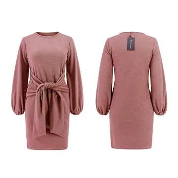 R.Vivimos Women's Autumn Winter Cotton Long Sleeves Elegant Knitted Bodycon Tie Waist Sweater Pencil Dress (Medium, Pink)