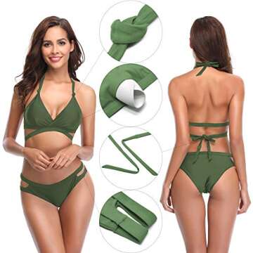 SHEKINI Women's Bikini Criss Cross Halter Adjustable Straps Bathing Suits Wrap Two Pieces Swimsuits (Olive Green, Large)