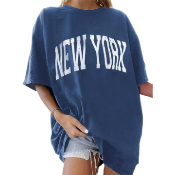 Remidoo Women's Casual Short Sleeve Graphic Tee - Oversized Blue T-shirt for Every Occasion