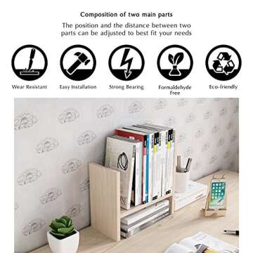 Jerry & Maggie Desktop Organizer Office Storage Rack Adjustable Wood Display Shelf Free Style Double H Display True Natural Stand Shelf, White Wood Tone