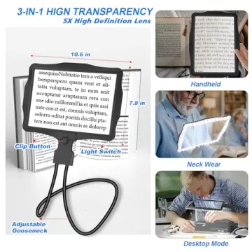 5X Hands Free Magnifying Glass with Light for Reading
