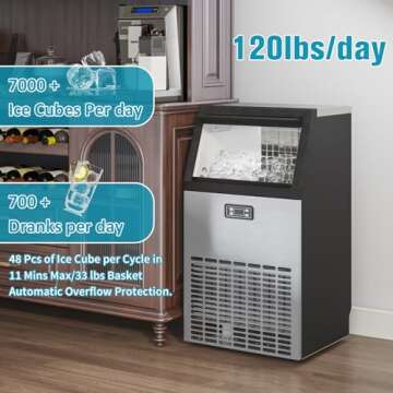 Erivess 120 lbs/24H Commercial Ice Maker,48 Cubes/11mins, 33 lbs Ice Storage Capacity, Counter Ice M...