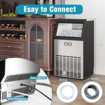 Erivess 120 lbs/24H Commercial Ice Maker,48 Cubes/11mins, 33 lbs Ice Storage Capacity, Counter Ice Maker Self Cleaning, 24 Hour Timer Stainless Steel Freestanding Ice Maker Machine (120lbs/day)