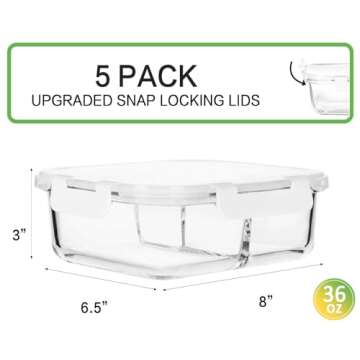 M MCIRCO [5-Pack,36 oz] Glass Meal Prep Containers 3 Compartment with Lids, Glass Lunch Containers,F...