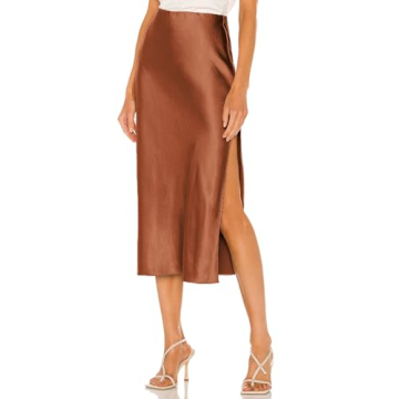 Skrtimory Womens Satin Silk High Waist Slit Midi Skirt Elastic Waistband Midi Skirts for Women Brown