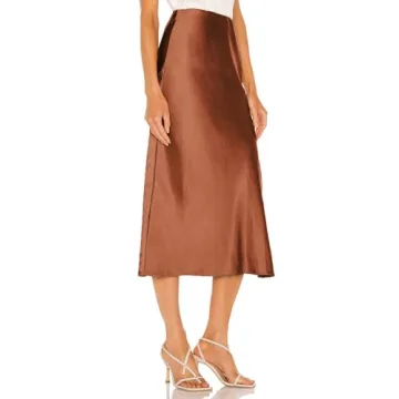 Skrtimory Womens Satin Silk High Waist Slit Midi Skirt Elastic Waistband Midi Skirts for Women Brown