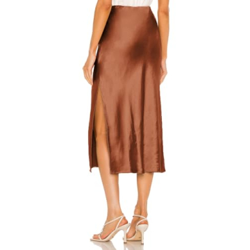 Skrtimory Womens Satin Silk High Waist Slit Midi Skirt Elastic Waistband Midi Skirts for Women Brown