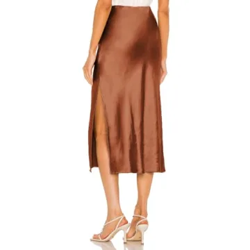 Skrtimory Womens Satin Silk High Waist Slit Midi Skirt Elastic Waistband Midi Skirts for Women Brown