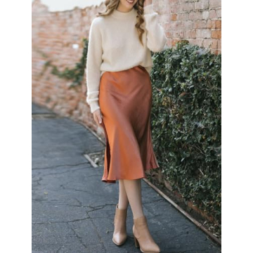 Skrtimory Womens Satin Silk High Waist Slit Midi Skirt Elastic Waistband Midi Skirts for Women Brown