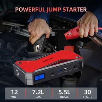 DBPOWER 800A Peak 18000mAh Portable Car Jump Starter (up to 7.2L Gas/5.5L Diesel Engine) Portable Battery Booster with LCD Screen (Red)