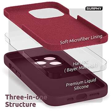SURPHY Compatible with iPhone 13 Pro Case with Screen Protector, (Camera Protection & Soft Microfiber Lining) Liquid Silicone Phone Case 6.1 inch 2021, Plum