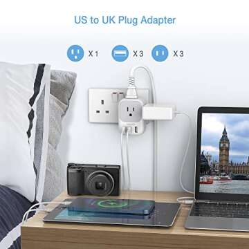 US to UK Plug Adapter, TESSAN Type G Ireland Travel Adaptor with 4 Electrical Outlet 3 USB Charger, ...