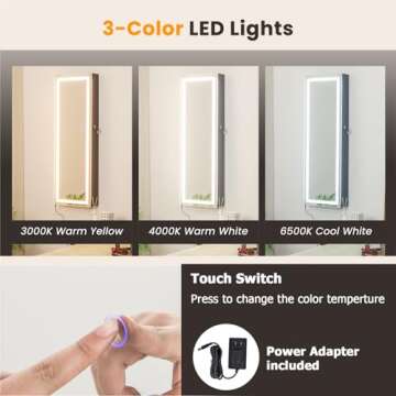 Giantex Jewelry Cabinet Armoire Door Wall Mount, 47.2in Lockable Touch Screen Lighted Full Length Mirror, 3 Lighting Settings, Inside Makeup Mirror, Jewelry Storage Box Organizer (Black)