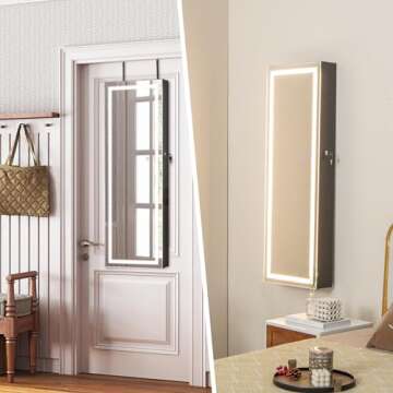 Giantex Jewelry Cabinet Armoire Door Wall Mount, 47.2in Lockable Touch Screen Lighted Full Length Mirror, 3 Lighting Settings, Inside Makeup Mirror, Jewelry Storage Box Organizer (Black)