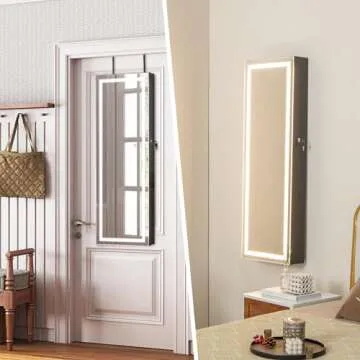 Giantex Jewelry Cabinet Armoire Door Wall Mount, 47.2in Lockable Touch Screen Lighted Full Length Mirror, 3 Lighting Settings, Inside Makeup Mirror, Jewelry Storage Box Organizer (Black)