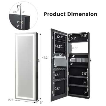 Giantex Jewelry Cabinet Armoire Door Wall Mount, 47.2in Lockable Touch Screen Lighted Full Length Mirror, 3 Lighting Settings, Inside Makeup Mirror, Jewelry Storage Box Organizer (Black)