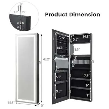 Giantex Jewelry Cabinet Armoire Door Wall Mount, 47.2in Lockable Touch Screen Lighted Full Length Mirror, 3 Lighting Settings, Inside Makeup Mirror, Jewelry Storage Box Organizer (Black)