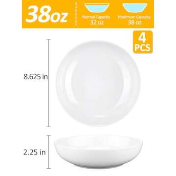 Yedio Pasta Bowls, 38 Ounces Porcelain Salad Bowls for Kitchen, Shallow Pasta Bowls Set, White Soup ...