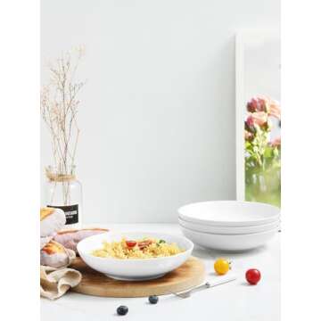 Yedio Pasta Bowls, 38 Ounces Porcelain Salad Bowls for Kitchen, Shallow Pasta Bowls Set, White Soup Bowls, Oven Dishwasher Safe, Set of 4