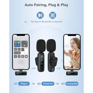 Wireless Lavalier Microphone for iPhone, iPad, Android Phone，2-Pack Mini Microphone with Noise Reduction, Auto Pairing and Mute & Reverb for Vlogging, Video Recording, TikTok, YouTube - Plug & Play