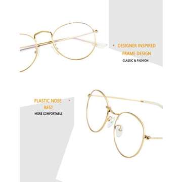 Kursan Round Blue Light Glasses for Women Men Retro Circle Metal Frame Clear Lens Eyeglasses (Gold)