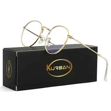 Kursan Round Blue Light Glasses for Women Men Retro Circle Metal Frame Clear Lens Eyeglasses (Gold)